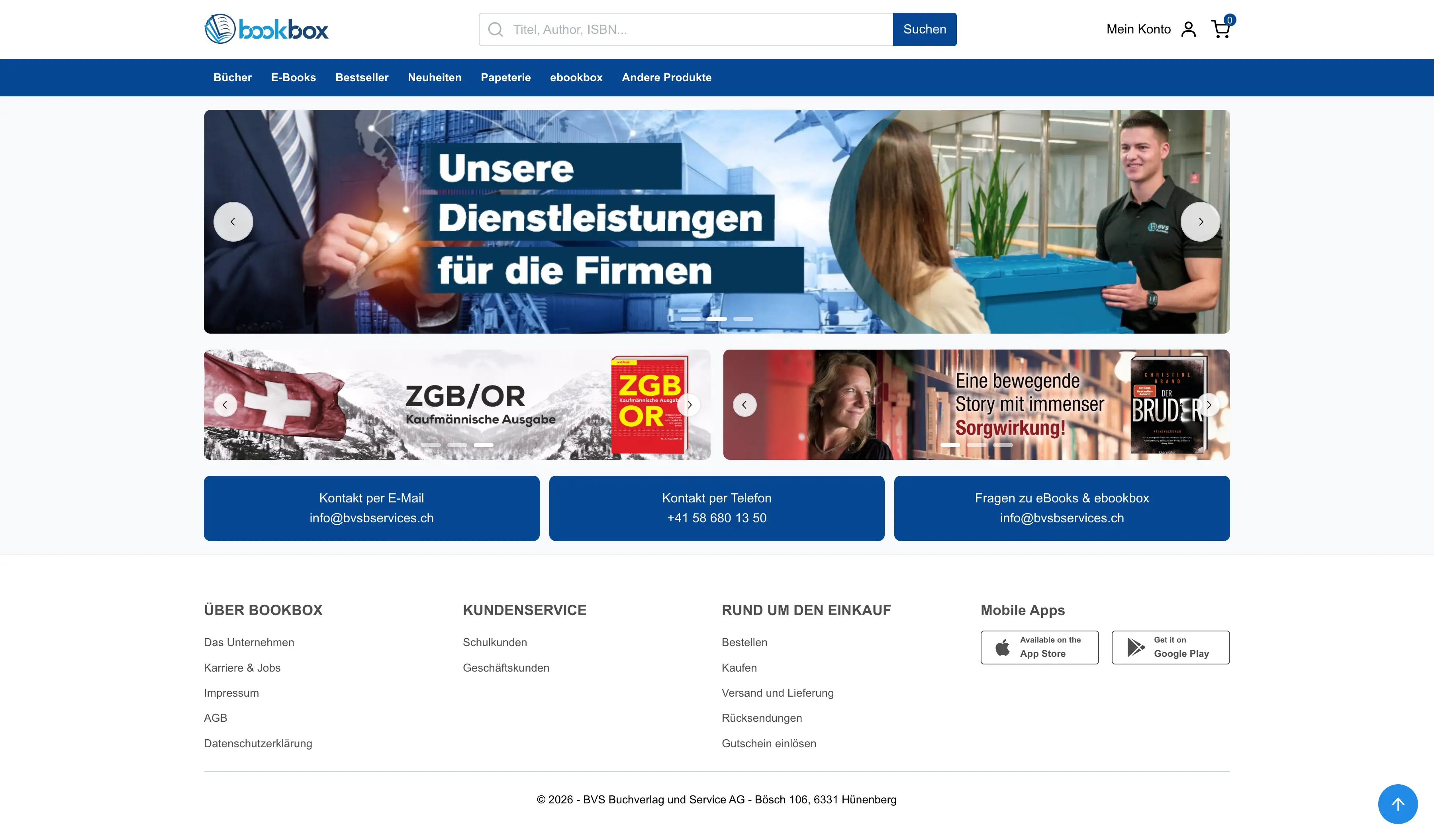 Bookbox homepage with book search, product navigation, promotional banners, and customer service links