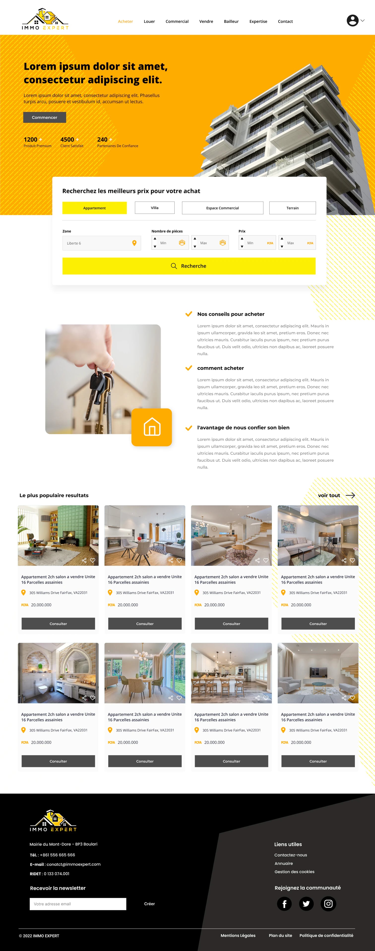 Real-estate platform homepage with property search, featured listings, and agency guidance
