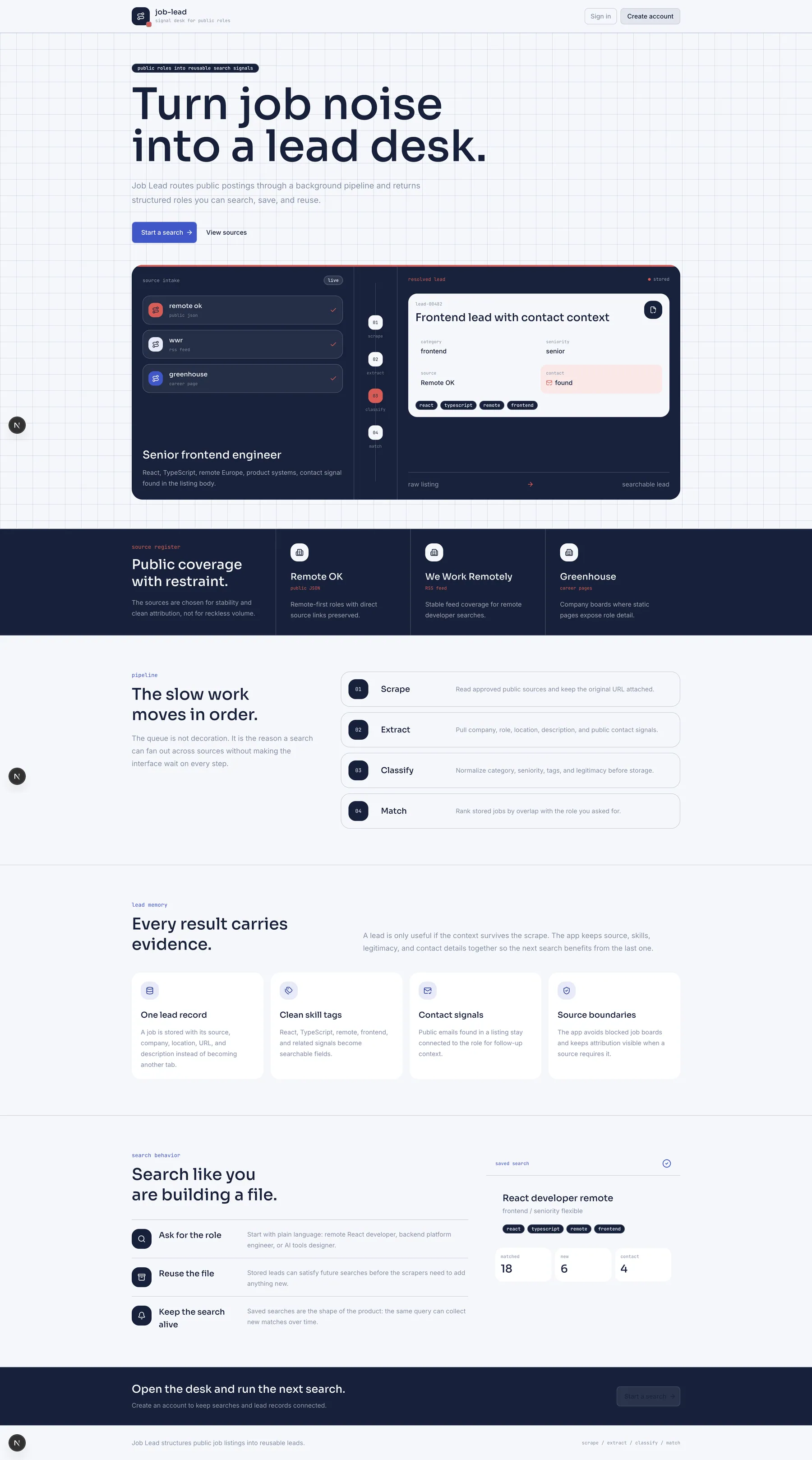 Job Lead homepage explaining the source, classification, matching, and saved-search workflow
