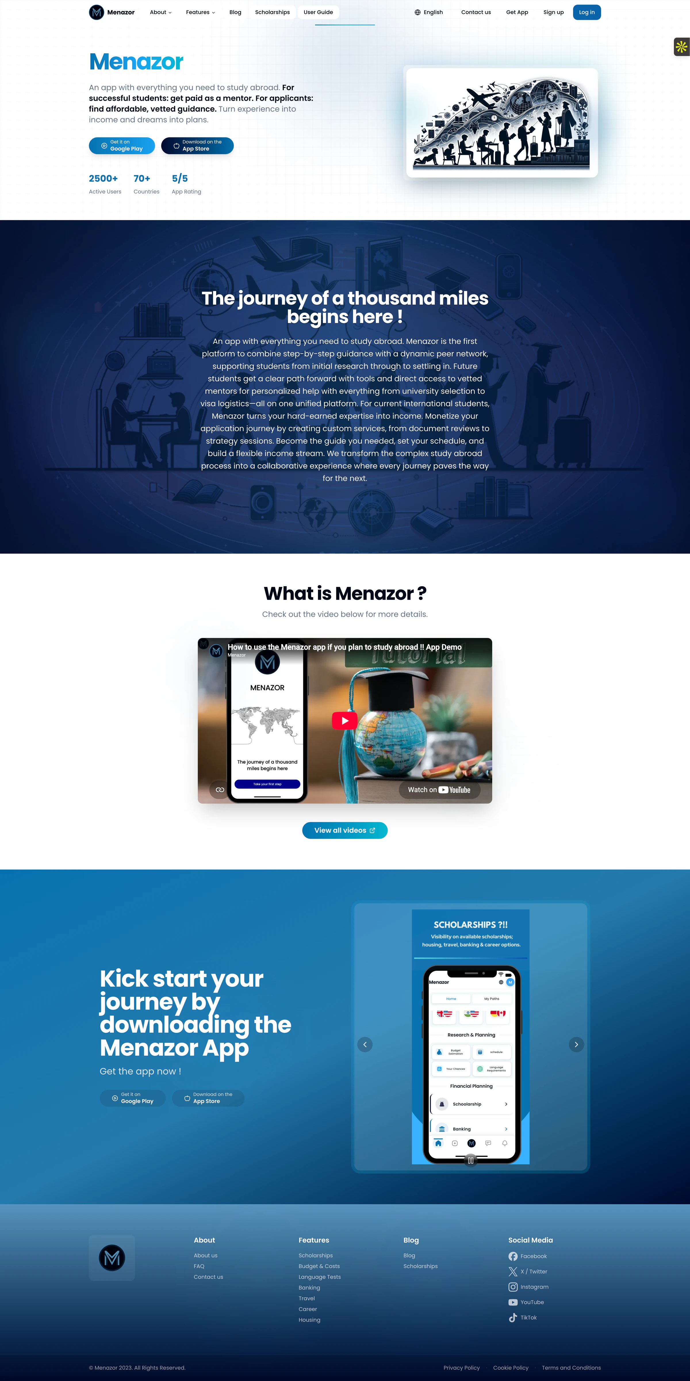 Menazor multilingual study-abroad platform homepage with guidance content and calls to action