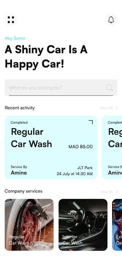SpeedShine customer home screen with recent car-wash activity and available cleaning services