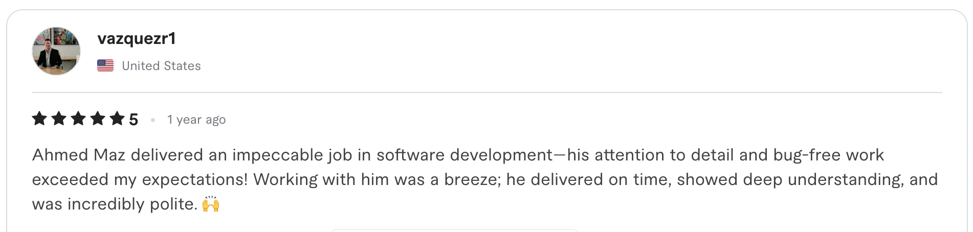 Screenshot of vazquezr1's five-star Fiverr review for Ahmed's software development work.