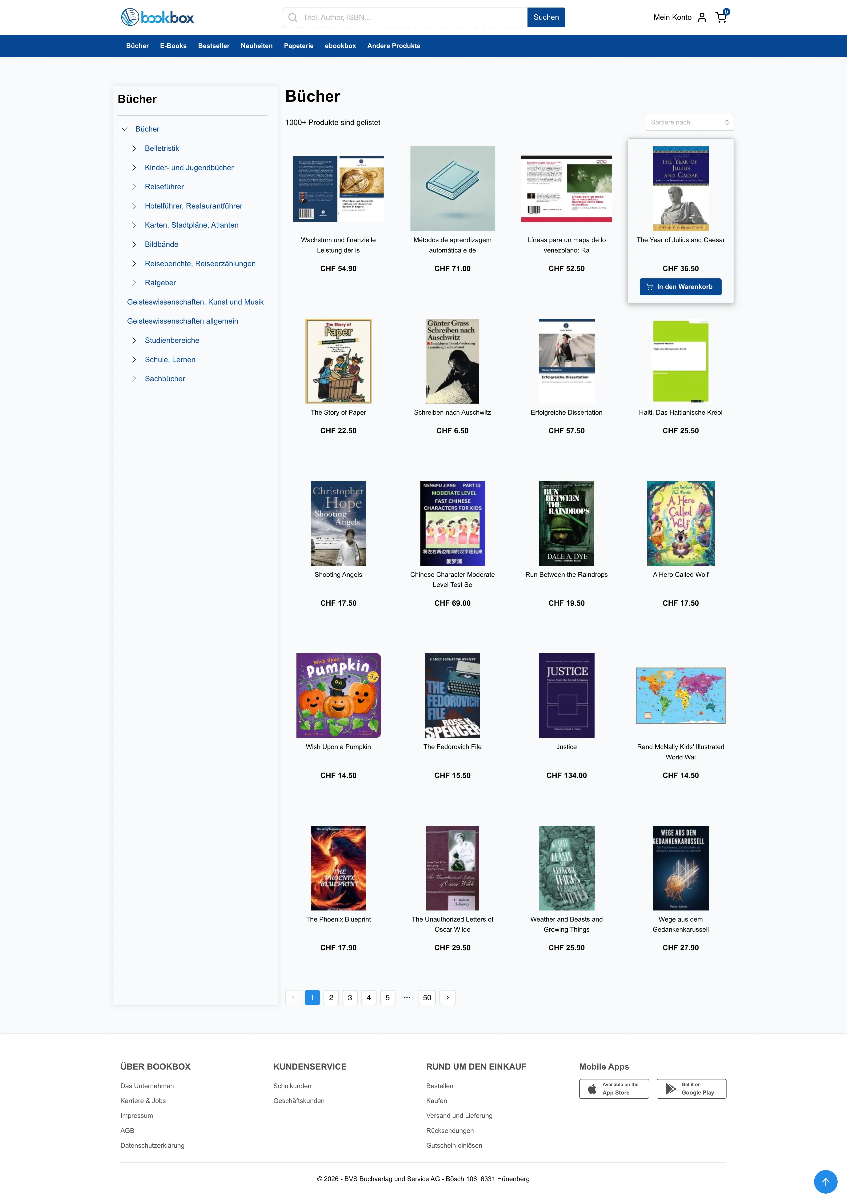 Bookbox books category page with nested filters, product results, prices, sorting, and pagination