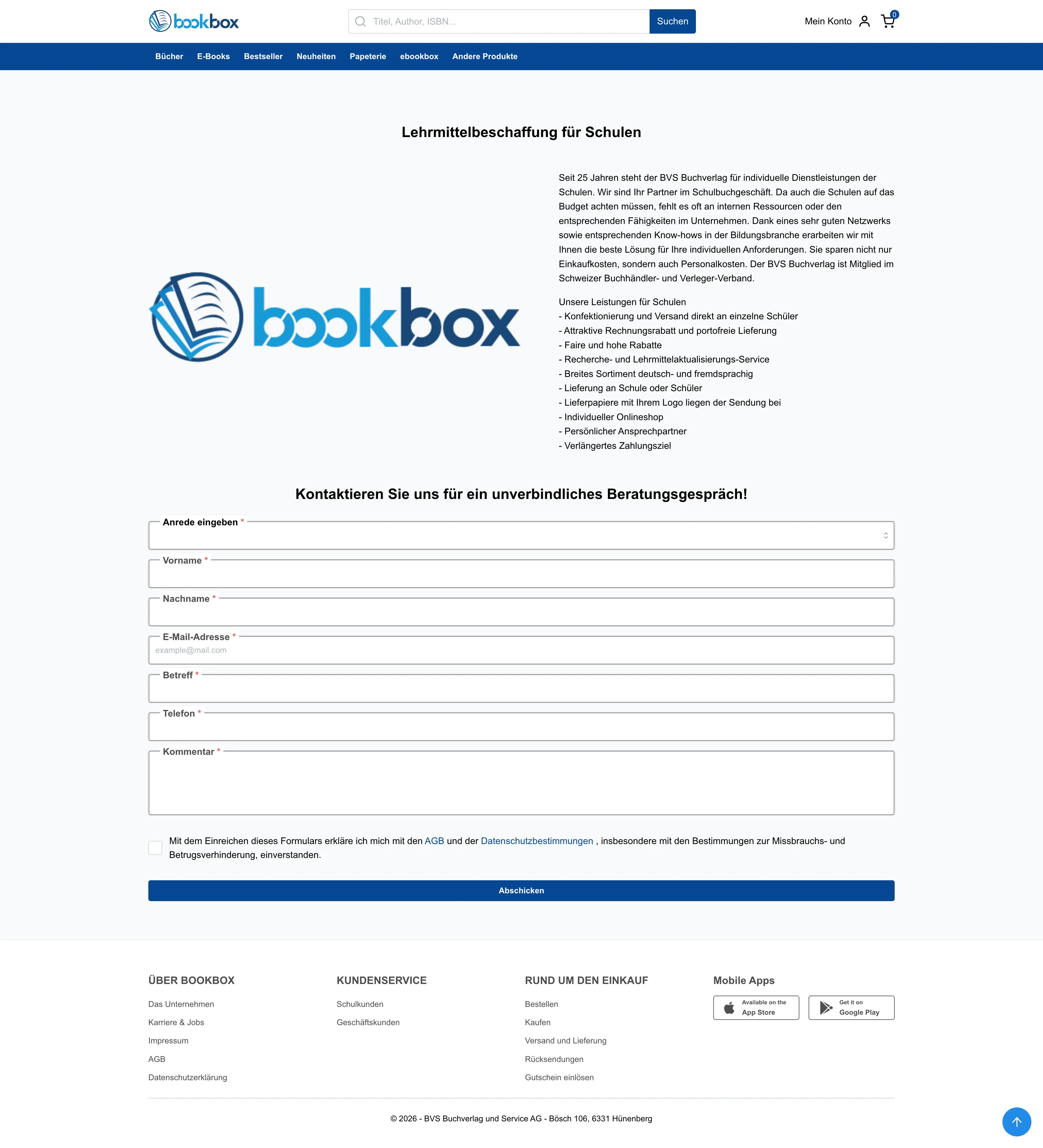 Bookbox school customer page with procurement services and a detailed contact form