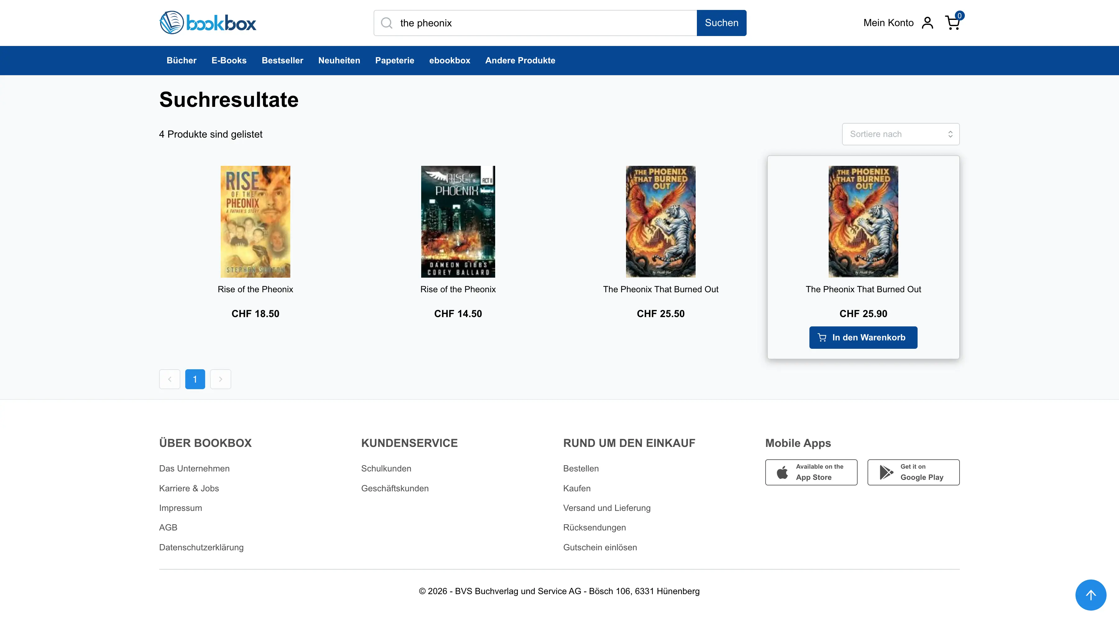 Bookbox search results page showing matching books, prices, sorting, and cart actions