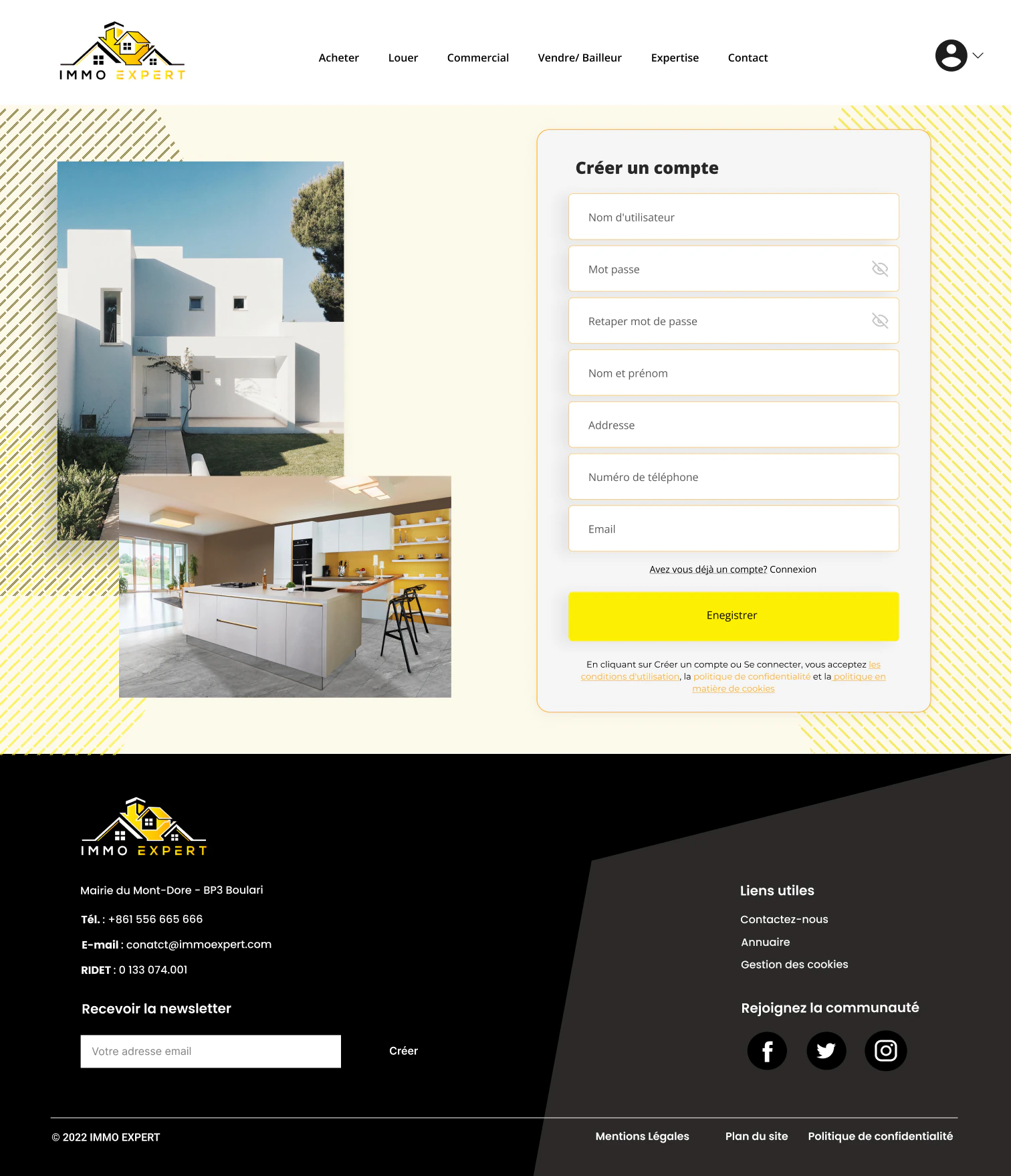 Real-estate platform account creation form with contact and password fields