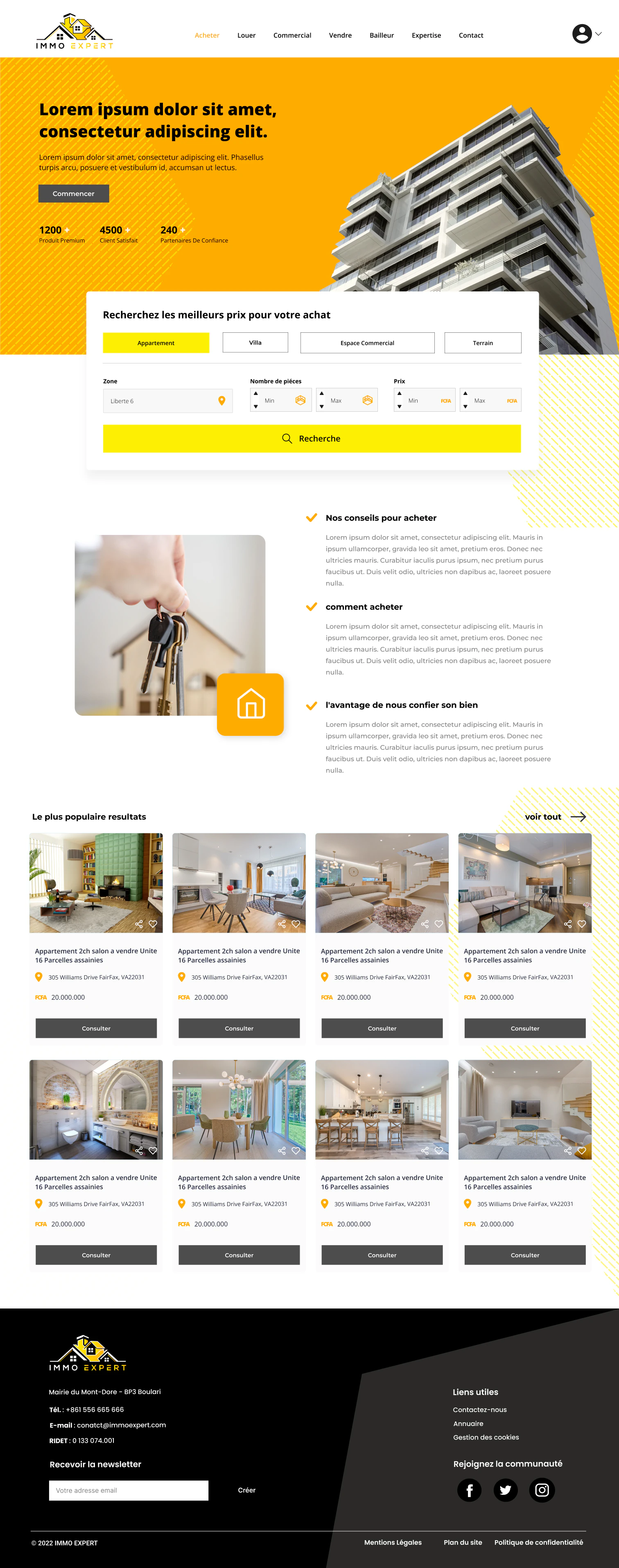 Real-estate platform homepage with property search, featured listings, and agency guidance
