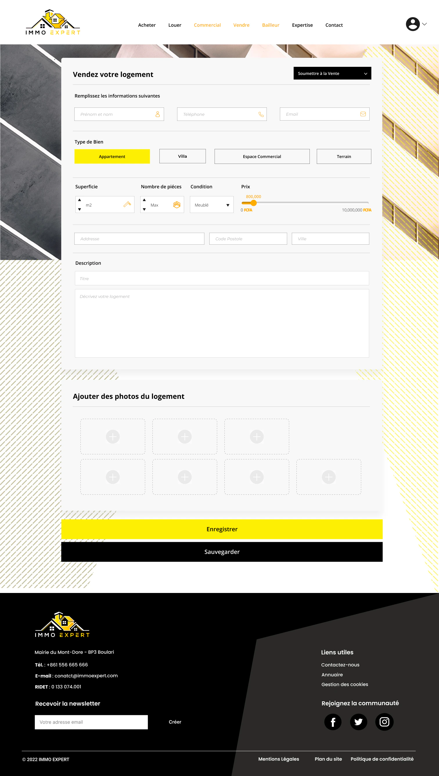 Property listing submission form with property type, price, address, description, and photo fields
