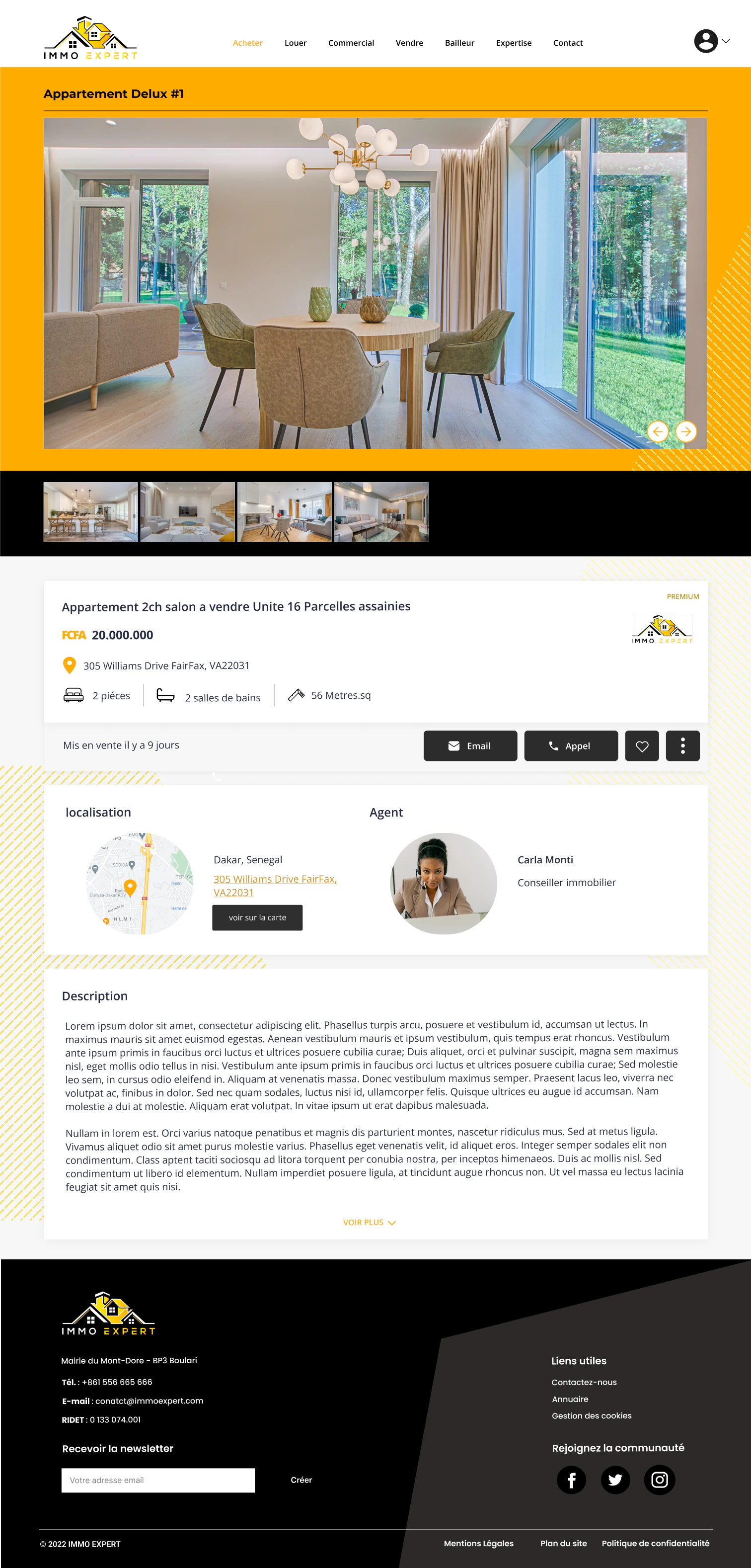 Property detail page with image gallery, price, location, agent information, and actions