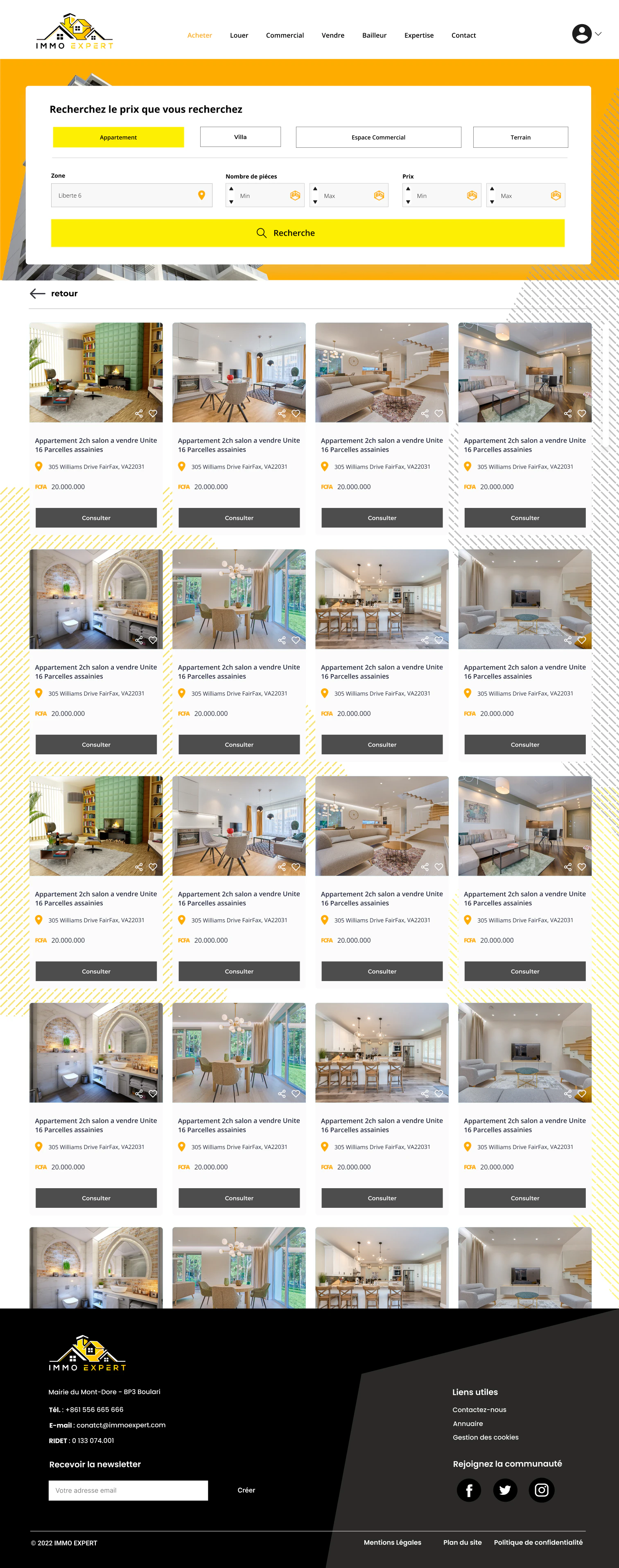 Real-estate search results page with property cards and filters