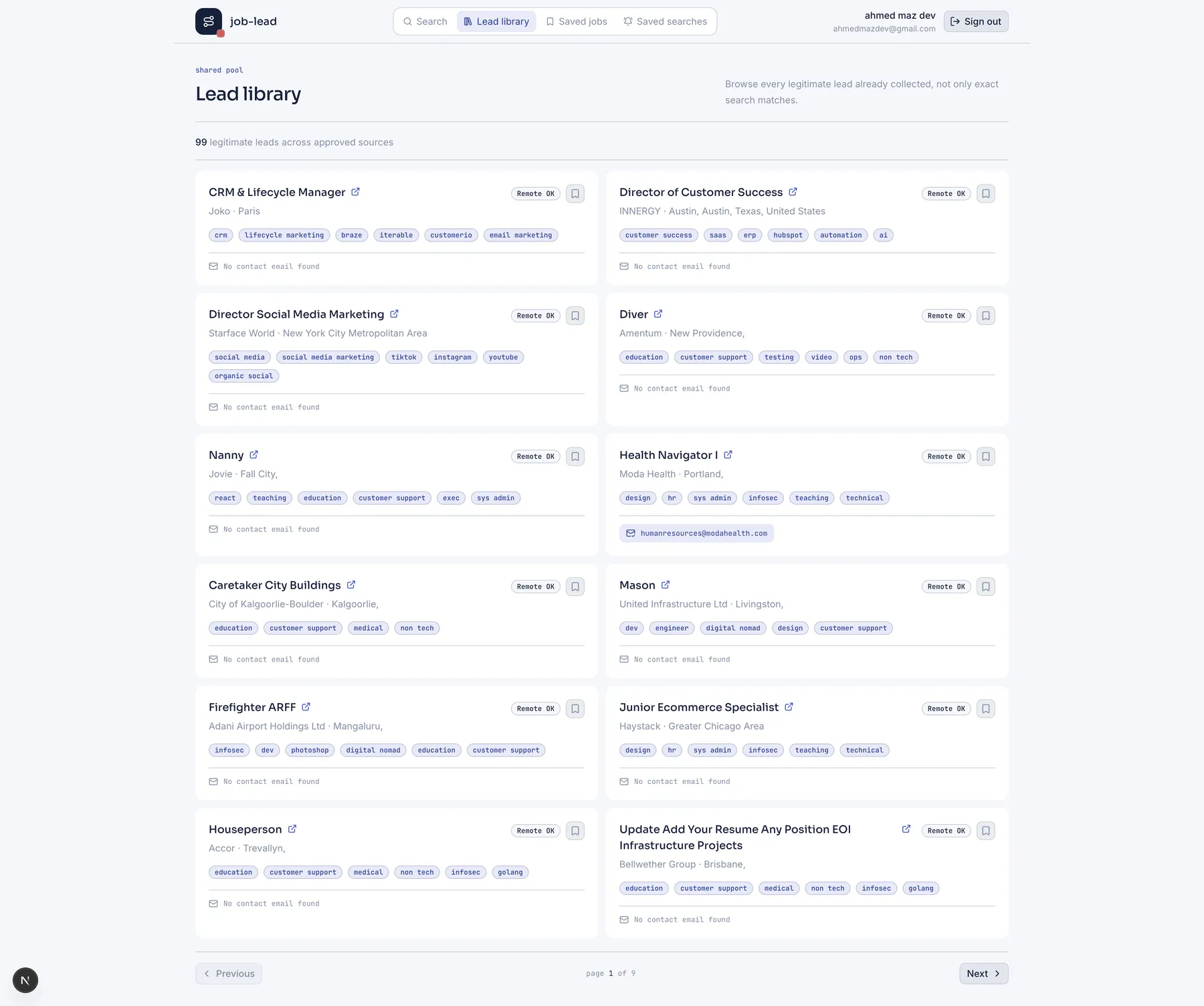 Job Lead authenticated lead library with paginated job cards, source labels, skill tags, save controls, and contact availability