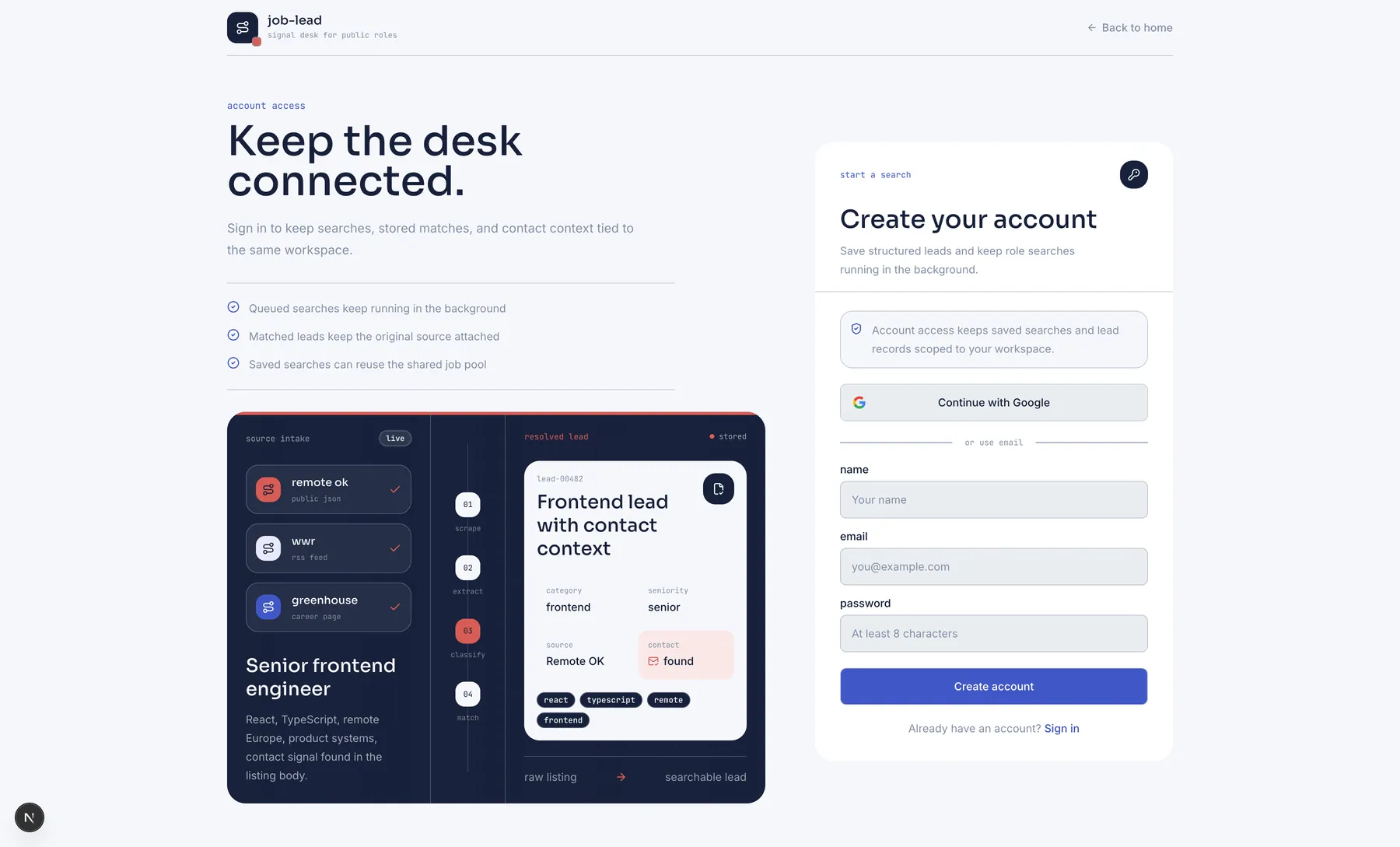 Job Lead account creation page with Google and email signup options beside a diagram of the background lead pipeline