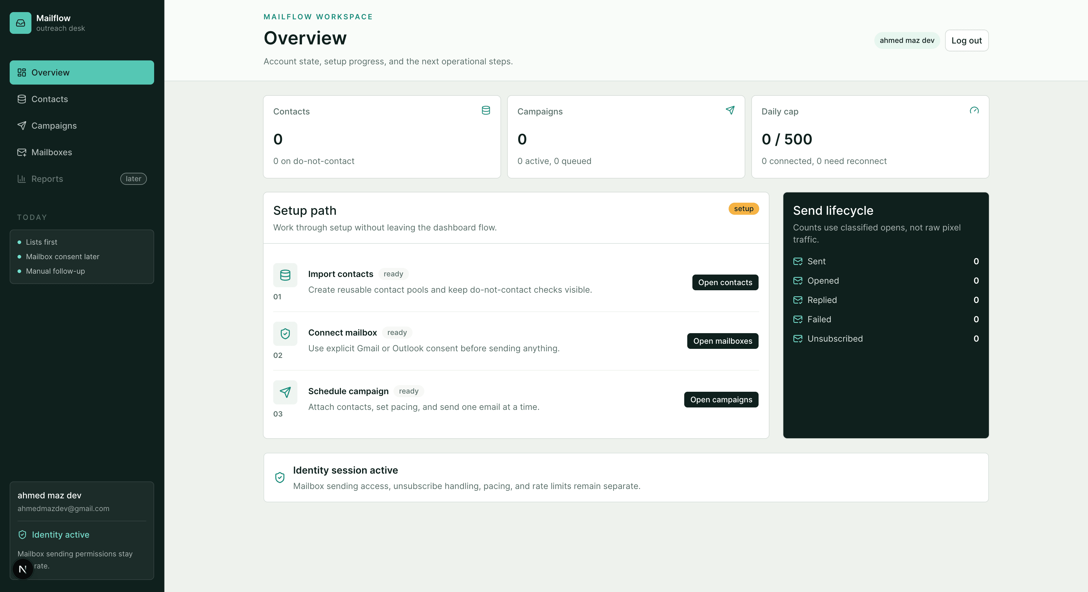MailFlow account overview