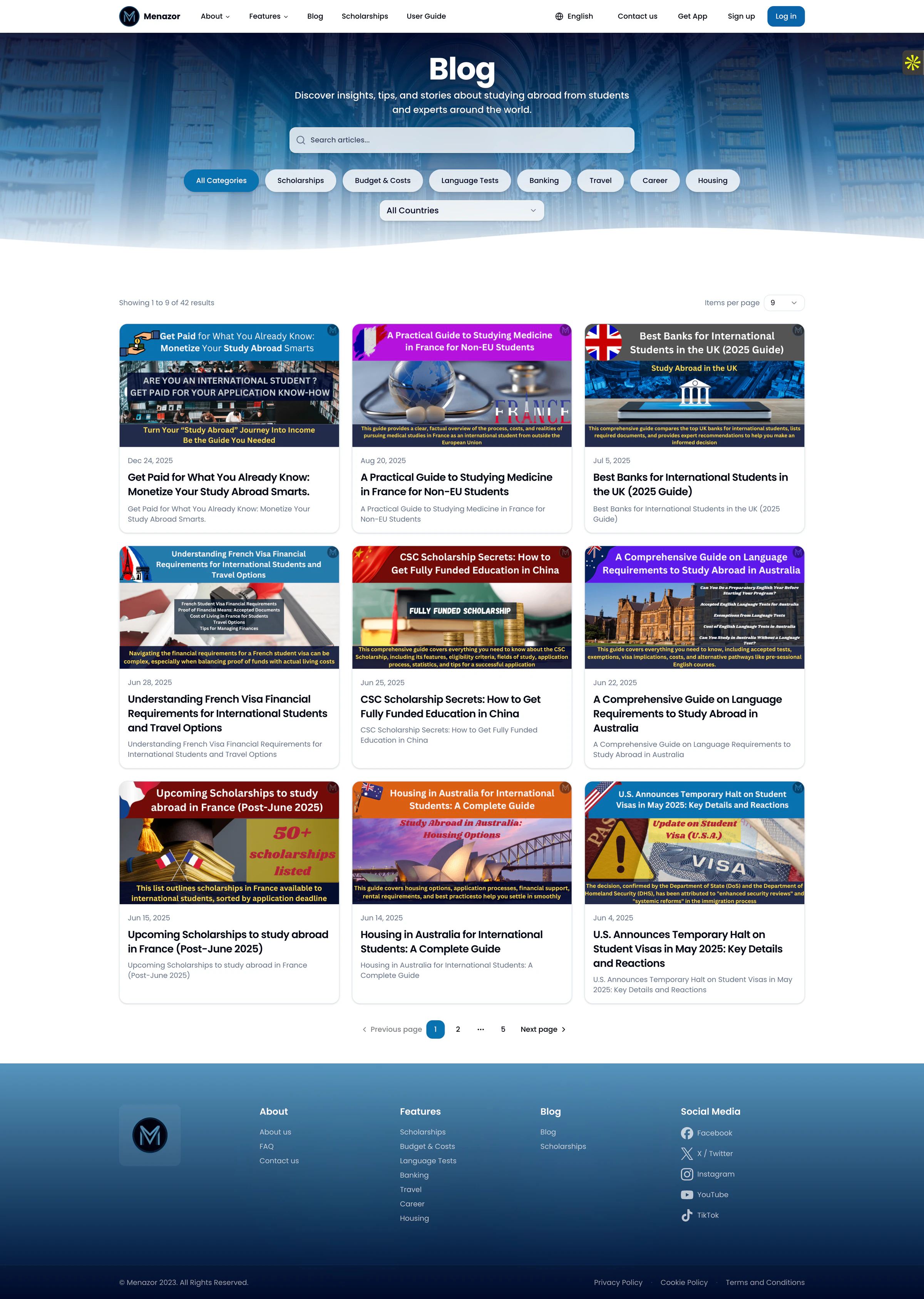 Menazor multilingual blog listing with study-abroad articles