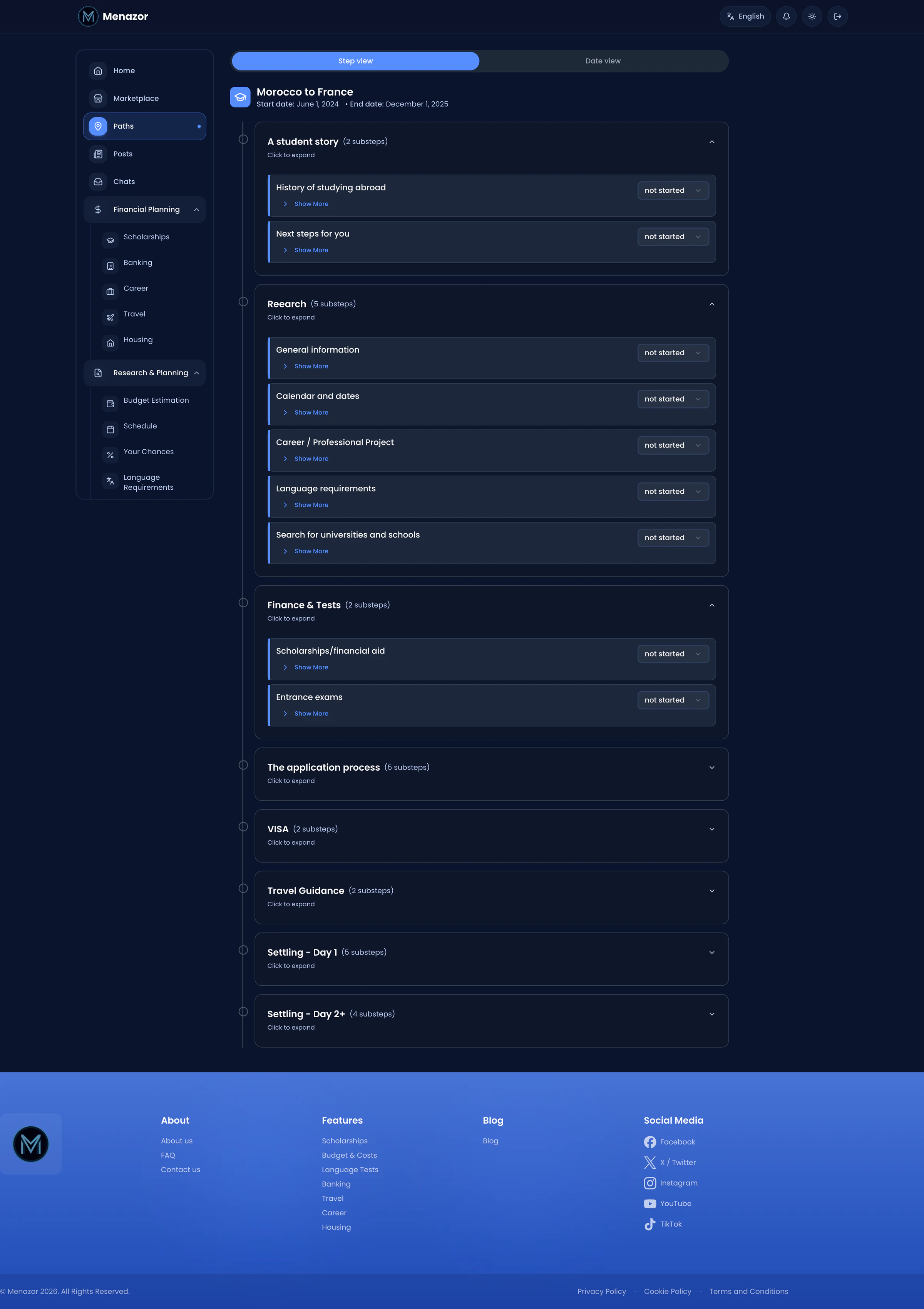 Menazor student dashboard path page for tracking progress through a study-abroad plan