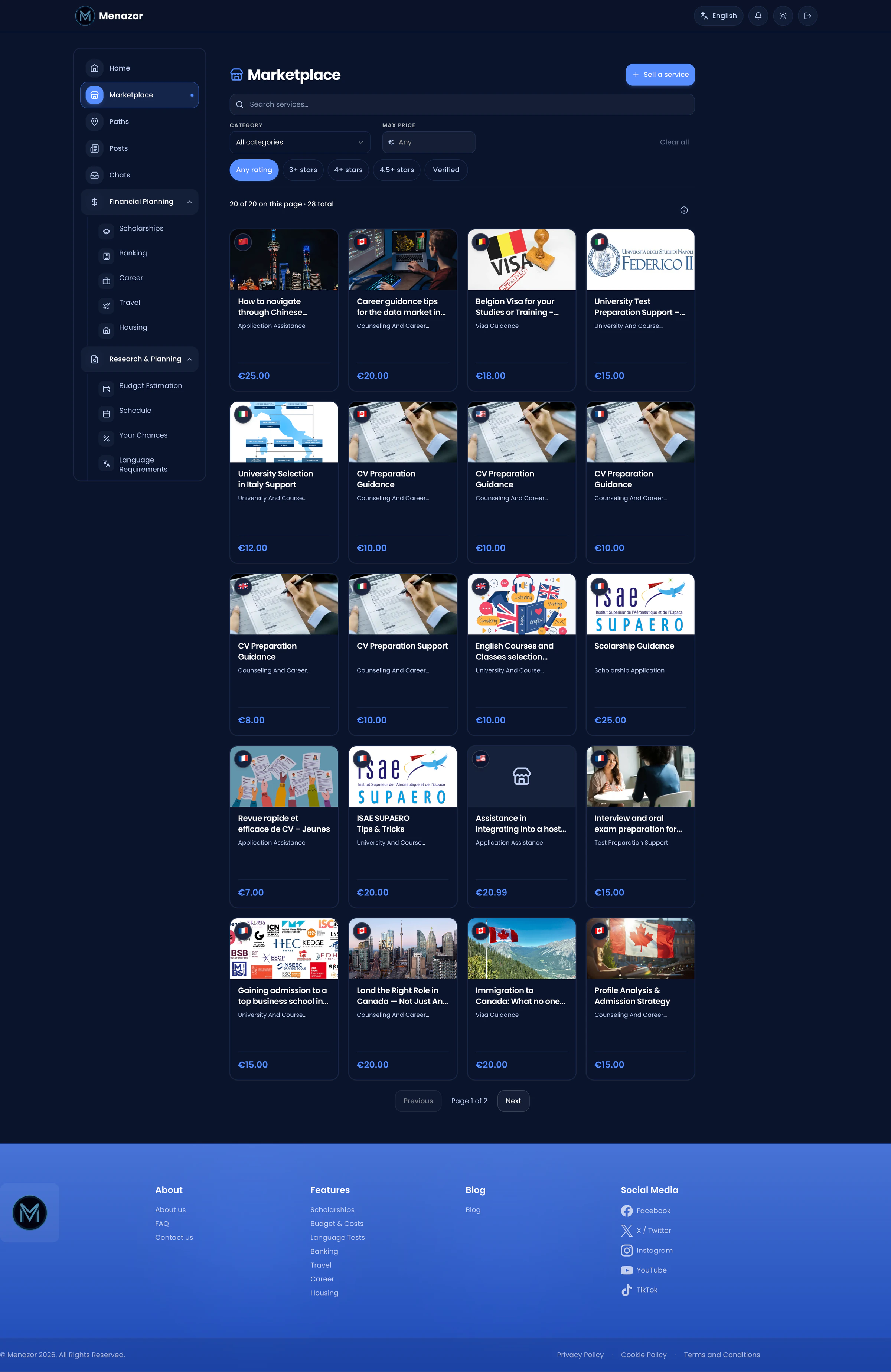 Menazor student marketplace page with study-abroad scholarships and opportunities