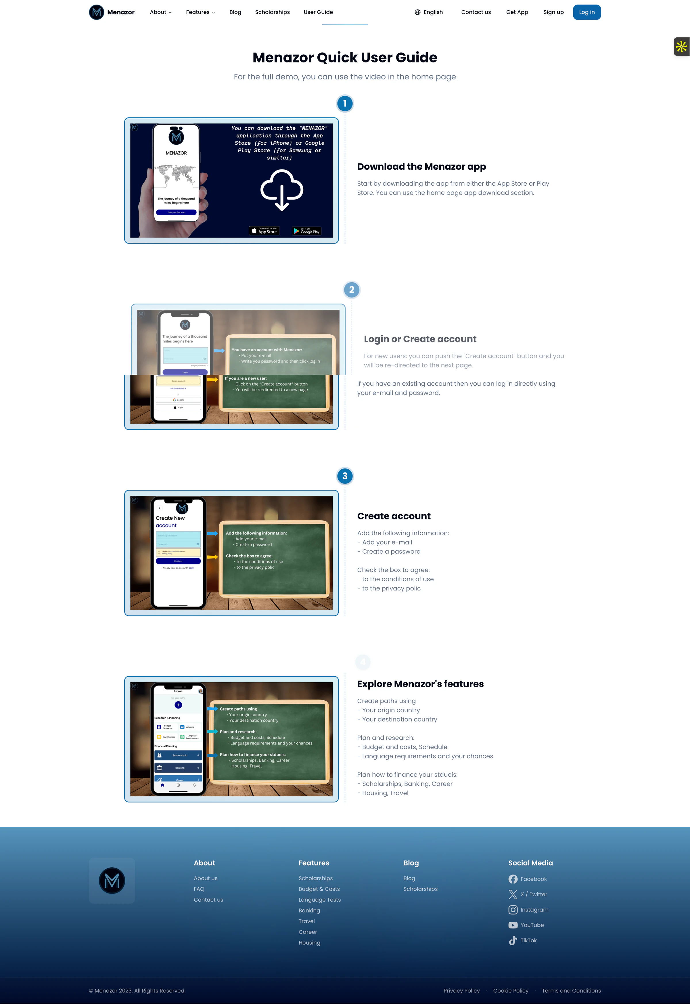 Menazor user guide page explaining how students use the study-abroad platform
