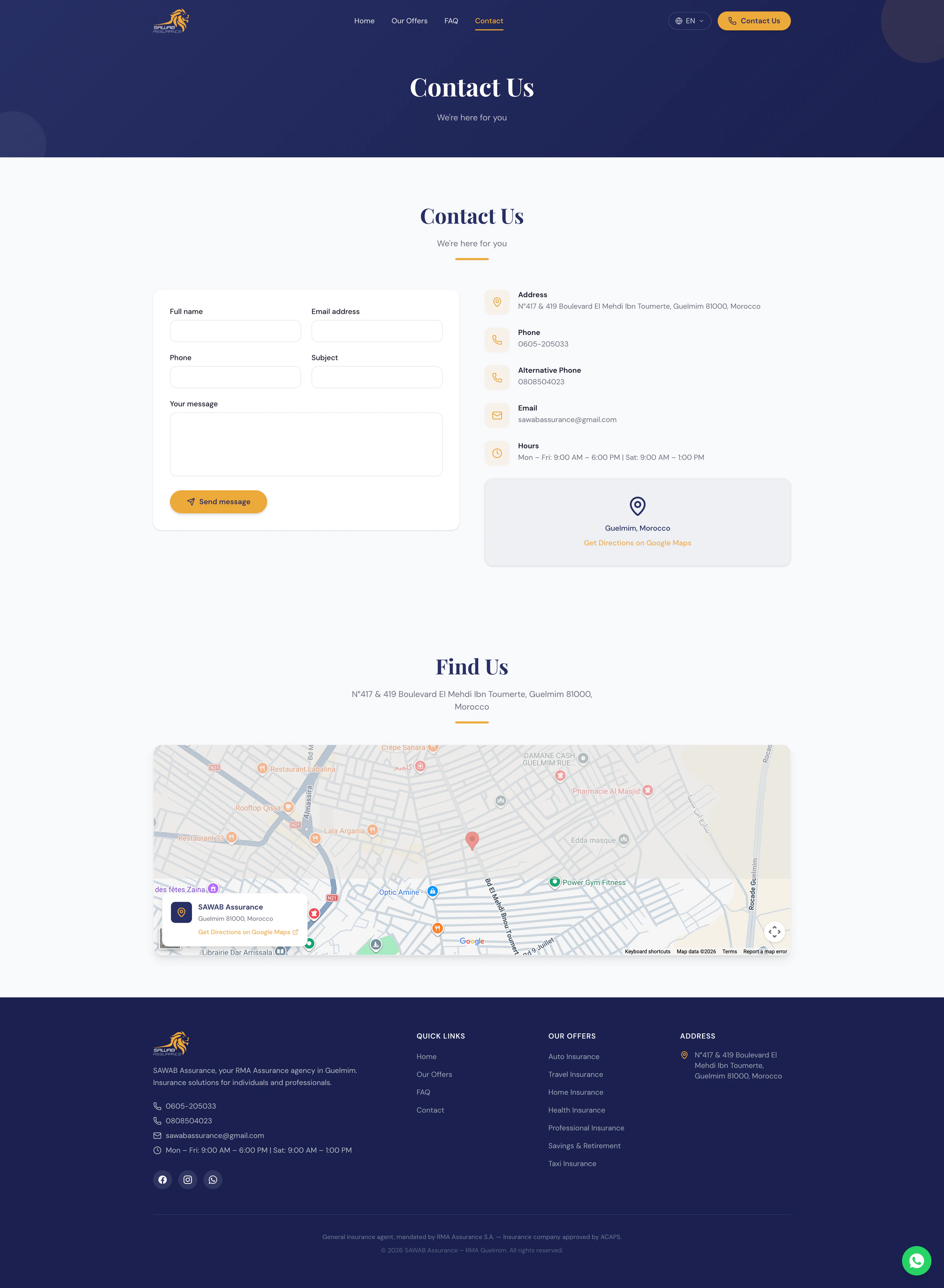 Sawab Assurance contact page with message form, agency details, phone numbers, email, hours, and location map