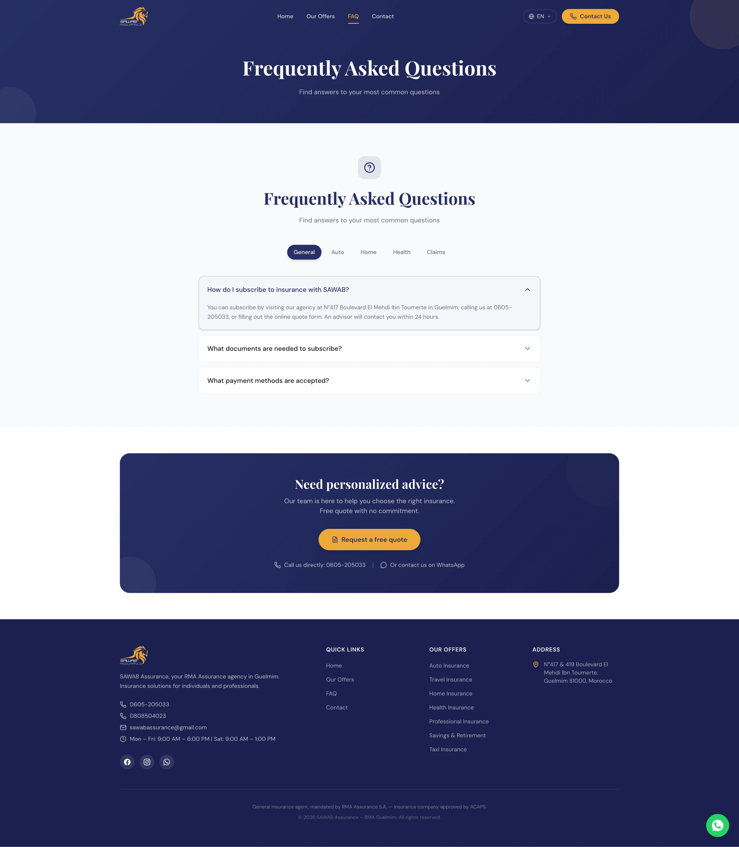 Sawab Assurance FAQ page with categorized questions, quote request call to action, and WhatsApp contact option