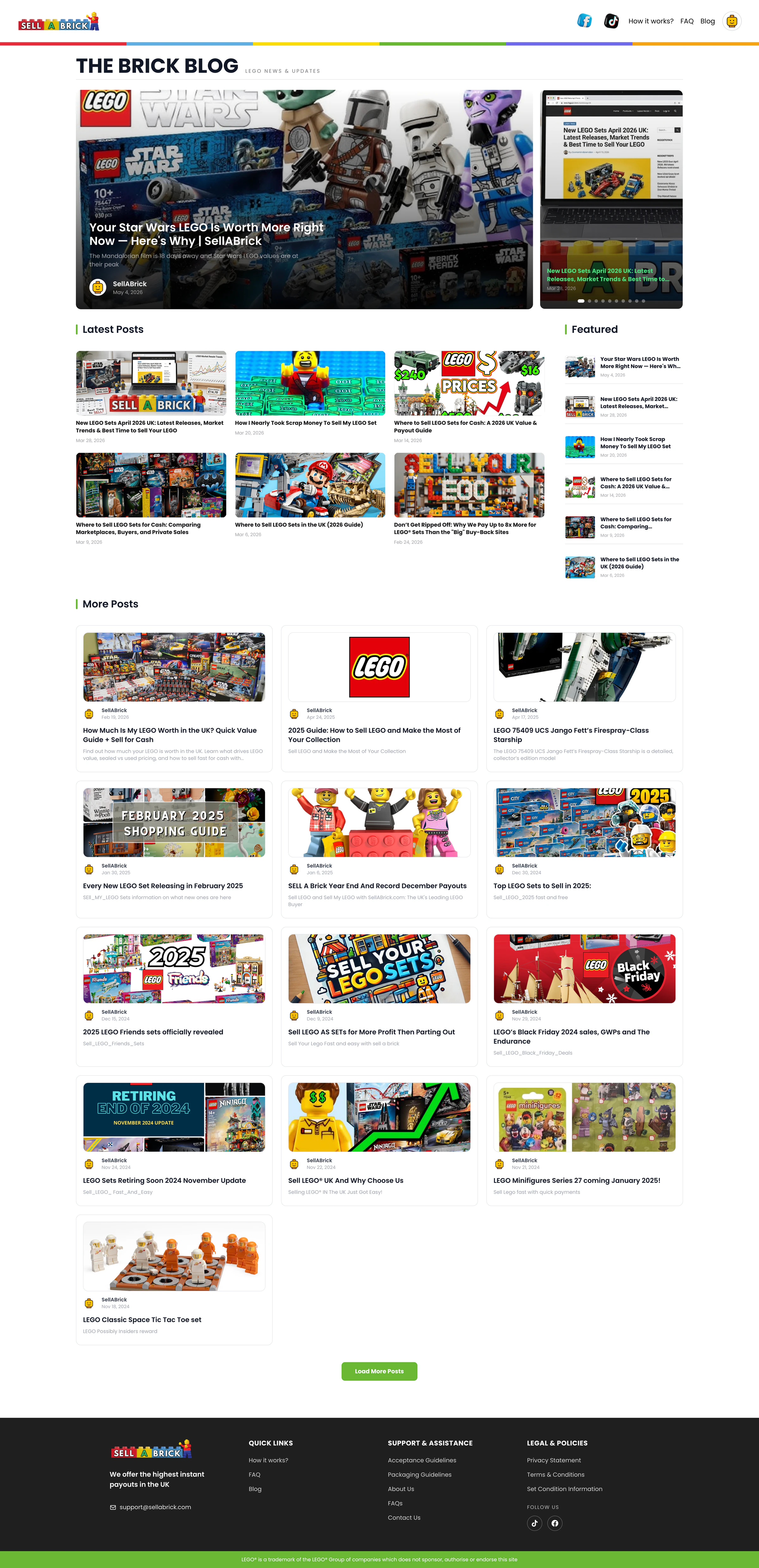 SellABrick public blog with featured LEGO articles, latest posts, and a larger article archive