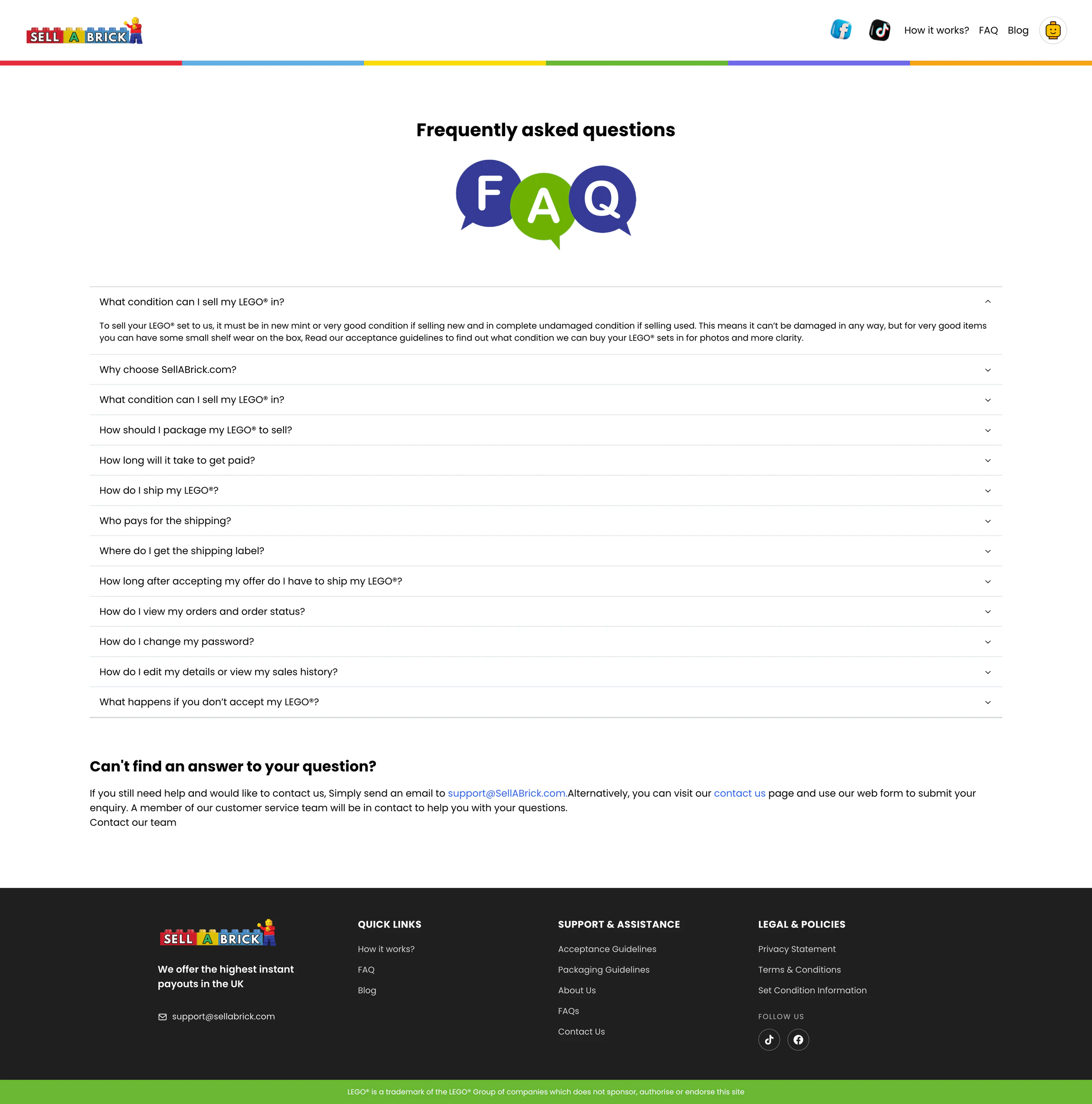 SellABrick frequently asked questions page with expandable guidance about condition, shipping, accounts, and payment