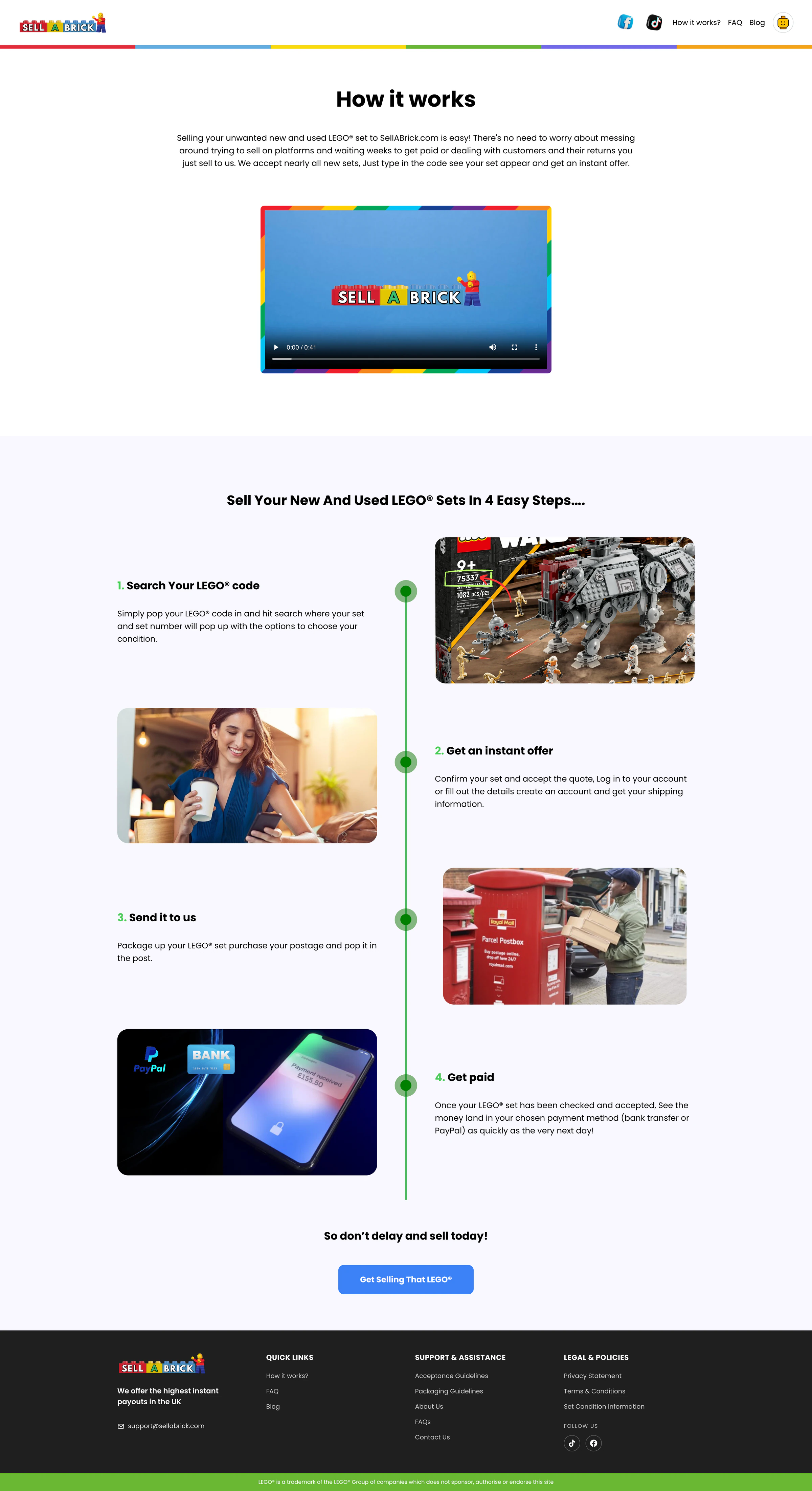 SellABrick how-it-works page explaining set lookup, instant offers, shipping, and payment