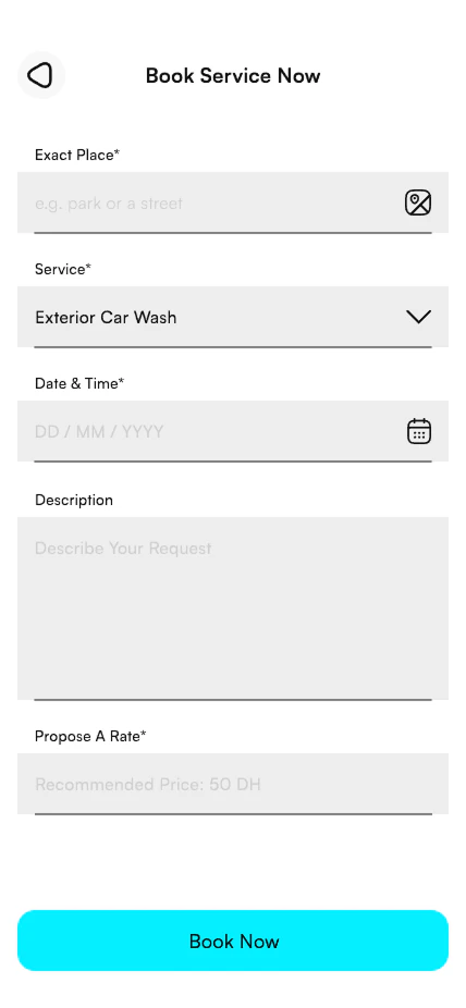 SpeedShine service request form with location, cleaning service, date, time, description, and proposed rate fields