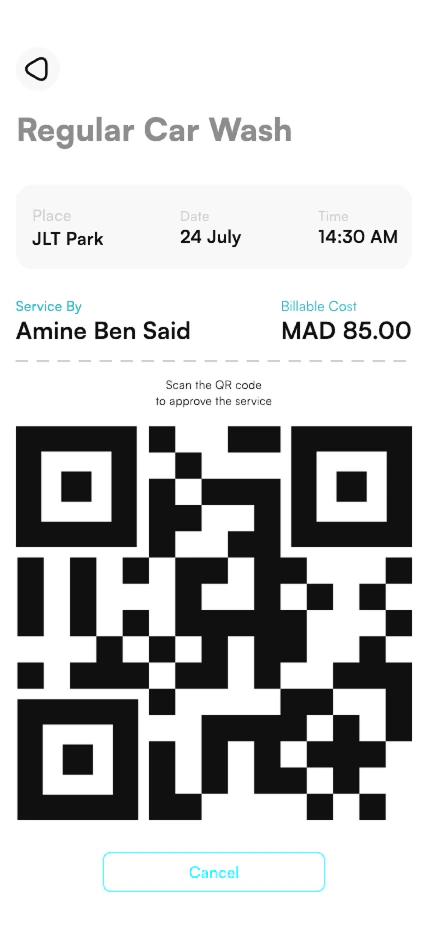 SpeedShine completed car-wash order with service details and a QR code for completion validation