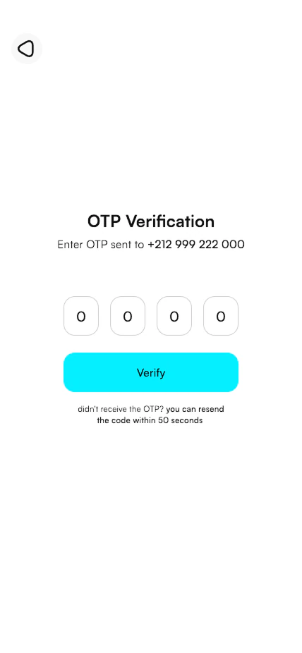 SpeedShine one-time password verification screen with four code fields and resend guidance