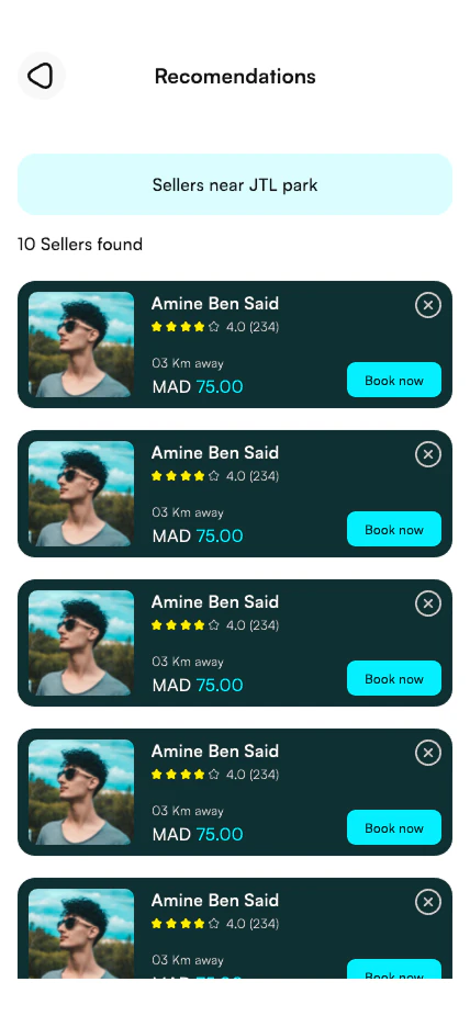 SpeedShine provider offer list with cleaner profiles, ratings, distance, price, and booking actions