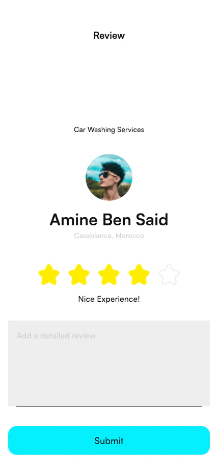 SpeedShine service review form with provider details, star rating, written feedback, and submit action